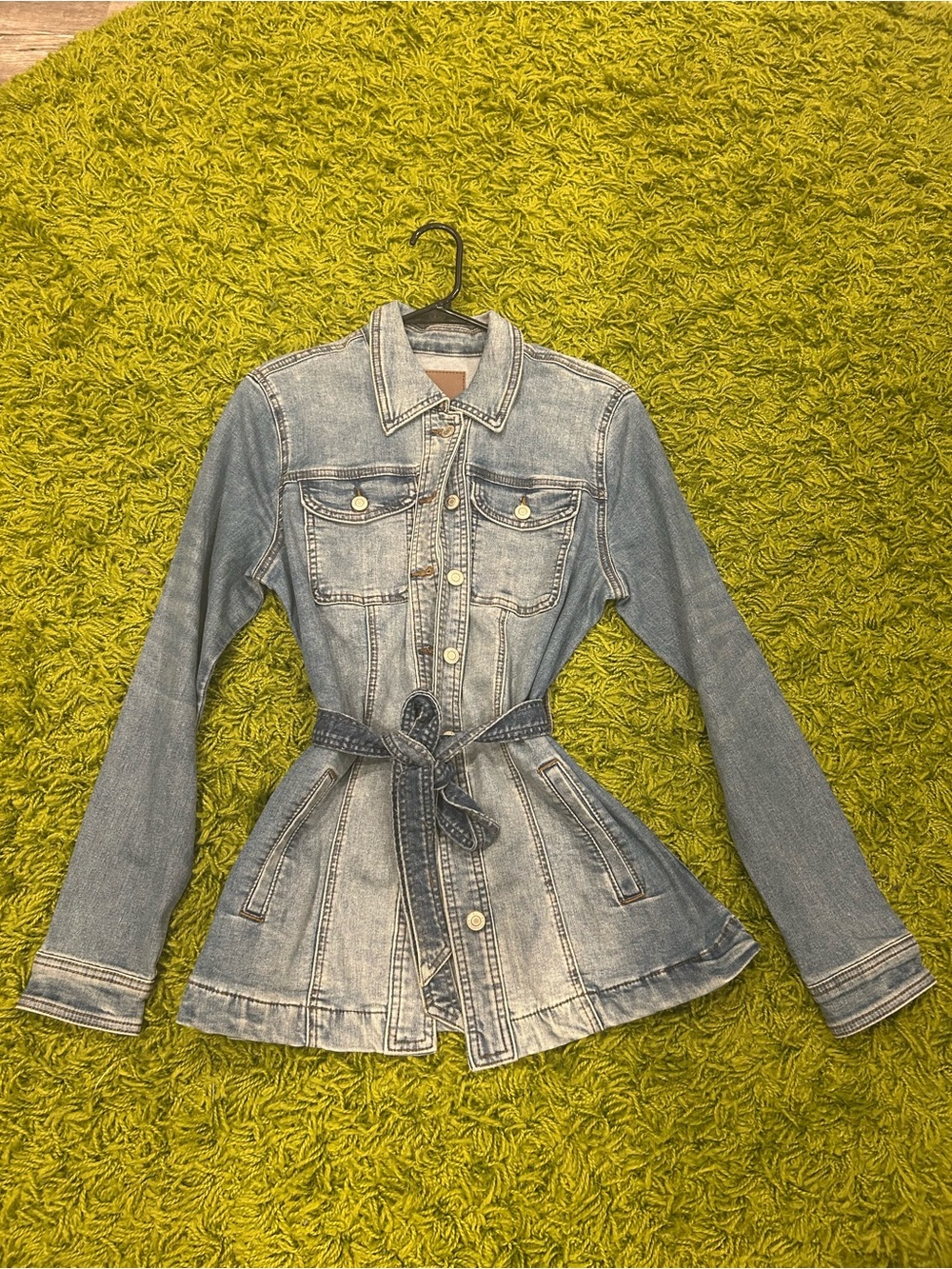 Washed Blue Denim Belted Jacket - Women's